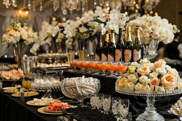 A glamorous wedding buffet with caviar, champagne, and elegant black-and-white decor