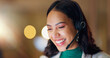 © peopleimages.com - Call center, smile and woman consulting at night in office for customer service, CRM advisory or solution. Face of sales agent laugh for telecom support, FAQ communication or telemarketing questions