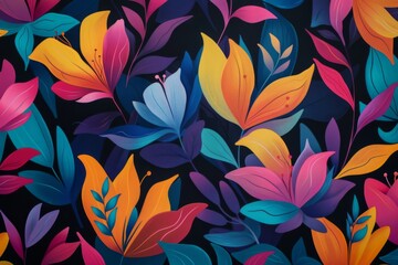 An abstract floral pattern with vibrant petals and leaves