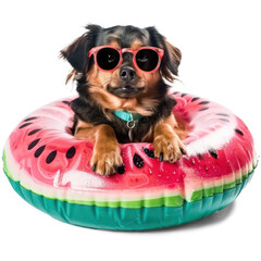 Wall Mural - dog wearing sunglasses sitting in an watermelon inflatable ring pool on transparency background PNG
