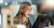 © peopleimages.com - Tablet, wow and yes with business woman in office for motivation, success or surprise. Fist, night and technology with happy professional employee in corporate workplace for celebration or reaction
