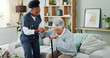 © peopleimages.com - Senior, woman and caregiver with help or walking stick for mobility, injury healing and retirement support in nursing home. Elderly person, nurse and helpful with movement or medical care in homecare