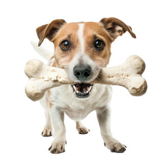 Wall Mural - Dog holding big white bone toy with his mouth, full body standing isolate on white background