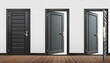 © Baloch - 3d open and close house or office front door frame. Realistic black ajar doorframe with handle asset lock and welcome. Closed wooden exit for opportunity elements. Dark shut way to living room design