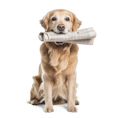 Wall Mural - Dog with newspaper in his mouth, full body standing on transparency background PNG
