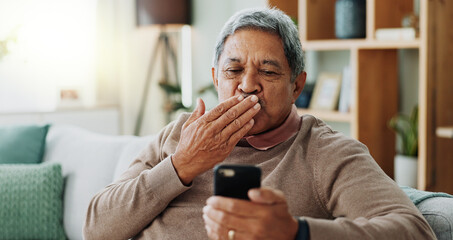 Poster - Senior man, video call and air kiss with phone on on sofa with online conversation and virtual in home. Connection, talking and happy old person on couch with smartphone for mobile app or discussion