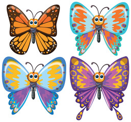 Wall Mural - Four vibrant, cartoon-style butterfly designs