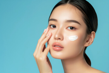 asian woman is applying makeup to her face. concept of beauty and self-care