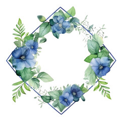 Wall Mural - Watercolor floral frame with blue flowers and green leaves on white background. Wedding invitation and springtime concept. Design for greeting card, wedding stationery, and botanical print. AIG35.