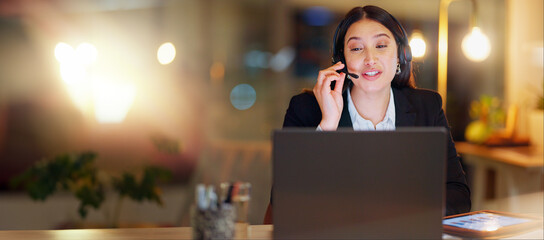 Poster - Call center, laptop and woman at night in office for customer service, CRM advisory and sales questions. Happy virtual assistant talking on computer in telecom support, communication or telemarketing
