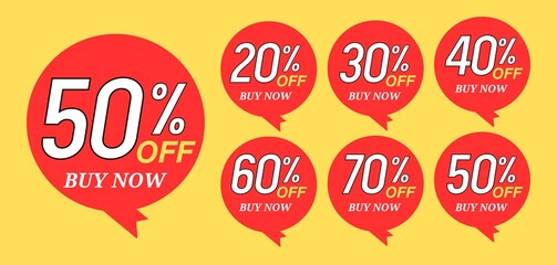 Different percent discount sticker discount price tag set. Red round speech bubble shape promote buy now with sell off up to 20, 30, 40, 50, 60, 70, 80 percentage vector illustration isolated on white