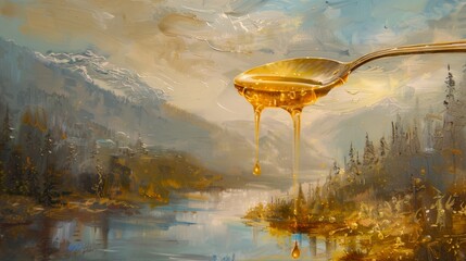 Honey dripping from a spoon onto a landscape painting, blurring the lines between reality and art