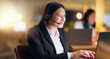 © peopleimages.com - Woman, call center and laptop for typing in office with smile for customer service, help desk and contact us. Agent, consultant and happy with computer for legal advice, microphone and headphones