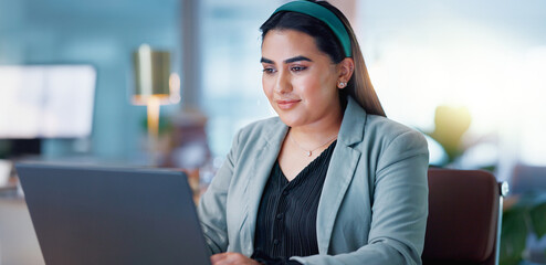 Aufkleber - Typing, office and woman with laptop, thinking and problem solving with connection, internet and planning ideas. Research, networking and girl with computer, website admin and consulting with email