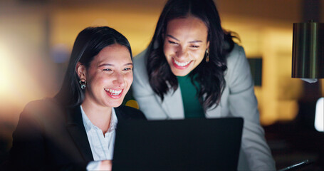 Poster - Laptop, tablet and collaboration with business people at night in the office together for teamwork. Technology, smile and a happy employee team of women working on a project or report in the evening