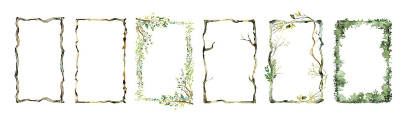 Set collection of frame border floral tree branches form rectangle shape. Rustic arch hand drawn watercolor design resources elements