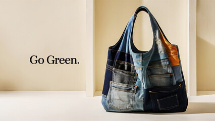 A bag made of old jeans reuse concept green environment zero carbon save planet awareness banner waste management business with copy space 