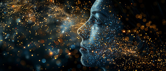 Wall Mural - A woman's face is formed entirely from swirling stardust, her features a delicate dance of light and shadow. 