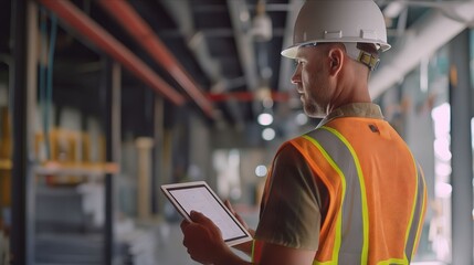 Sticker - A man in a hard hat holding a tablet.