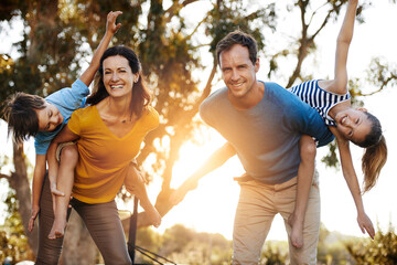 Poster - Portrait, family and piggyback kids at park for love, care or bonding together in nature. Mother, father or carry children at garden for airplane game, support or happy parents play on summer holiday