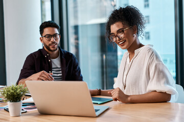 Canvas Print - Laptop, office and people planning for web design, research and online project collaboration together. Internet, man and woman with creative website idea, technology and software for teamwork at desk