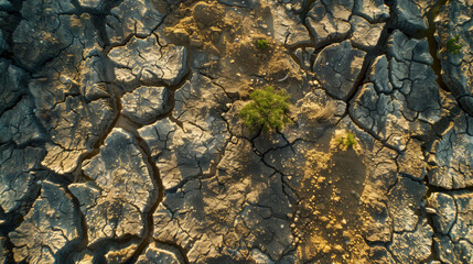 Wall Mural - A bird's-eye view of the dry cracked earth. A desert landscape with a small tree growing in the middle. The concept of desolation