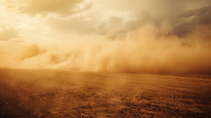 Wall Mural - View of a dust storm in dry wheat fields during a drought. Dry grass sways in the wind on the field. The sky is overcast