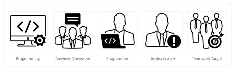 A set of 5 Seo icons as programming, business dicussion, programmer