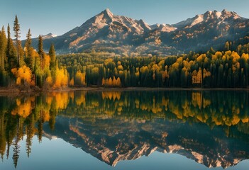 Sticker - colorful trees in front of a mountain range reflecting the blue water