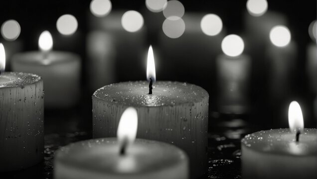 A black and white photo of a bunch of floating candles,.
