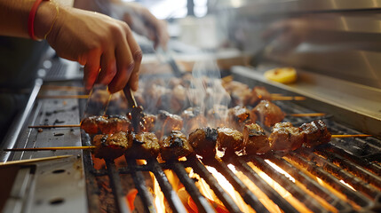 Wall Mural - Cropped hands of chef making kebab on barbecue grill in commercial kitchen