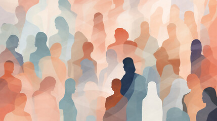 Wall Mural - Diverse Crowd in Pastel Silhouettes: Global Unity and Collaboration Illustration for Social Concepts, Community Projects, and Multicultural Themes.