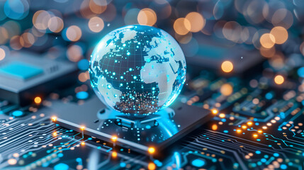 Wall Mural - Global Markets, A glass globe illustrating the world on a desk, successful business concept Computer strategy, research, vision, network economy market technology background. Digital, website. 