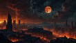 © muhammadahetesham - The image is a dark and gloomy city with large buildings and a red moon in the background. There are fires burning in the foreground and the city appears to be in ruins.