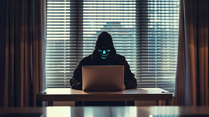 silhouette of a hacker in a black hoodie and and white skull like facemask sitting at office table with big opened laptop in an empty room in front of a window with blinds on it,