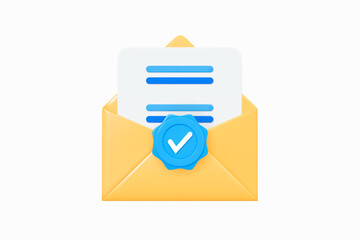 Fototapete - 3D Open envelope with paper and check mark. Approved document. Verified message. Email with stamp. Confirmation letter. Completed task or survey. Cartoon design icon. 3D Vector illustration