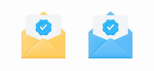 Fototapete - 3D Open envelope with document inside and checkmark. Verified document. Send letter by email. Online verification. Approved checklist. Message by mail. Cartoon design set icons. 3D Vector illustration