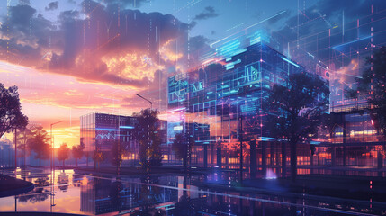 Wall Mural - Futuristic Cityscape with Digital Overlay
