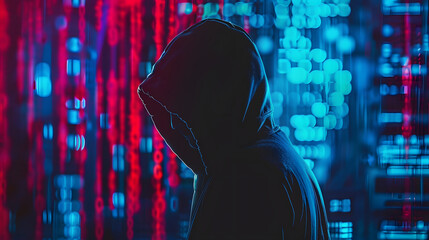 Wall Mural - A person that looks like a hacker. A slide background for showcasing cybersecurity. Background image. 