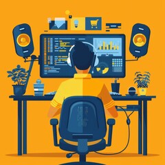 A man is sitting at a desk with a computer monitor and headphones on