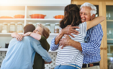 Canvas Print - Senior, parents and reunion with family in home with love, care and support in retirement. Elderly, mom and dad embrace people on holiday, vacation and happiness in house with old man and woman