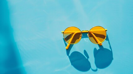 The yellow sun glasses are in the blue background