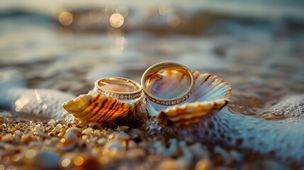 two wedding rings in shell near seaside