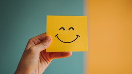 A hand holds a yellow paper with a smiley face on it against a solid colored background, representing a positive and happy concept of customer service experience.
