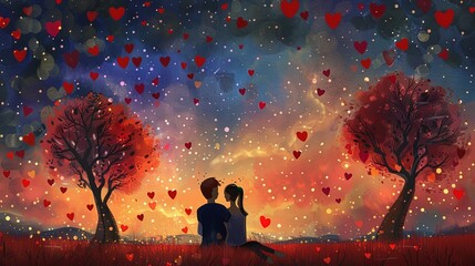 Wall Mural - The painting depicts a loving couple sitting under a starry sky, surrounded by red hearts symbolizing love and romance. The pair gaze deeply into each other's eyes, conveying a deep connection and aff