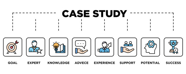 Case study banner web icon vector illustration concept with icon of research, data, conditions, examination, method, in-depth, analyzing, and result