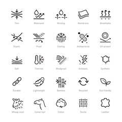 set icons for functional fabric, clothing. the outline icons are well scalable and editable. contras