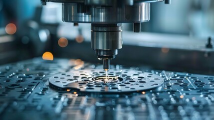 Close-up of a high-tech automated machine using precision punches to craft consistent patterns in metal sheets, focusing on industrial precision