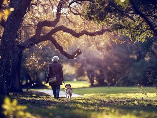 elderly woman and her service dog walking through a park