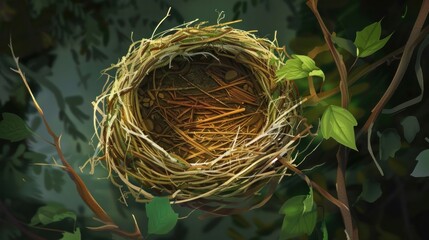 Wall Mural - A cartoon-style bird nest made of straw and twigs, viewed from above.

